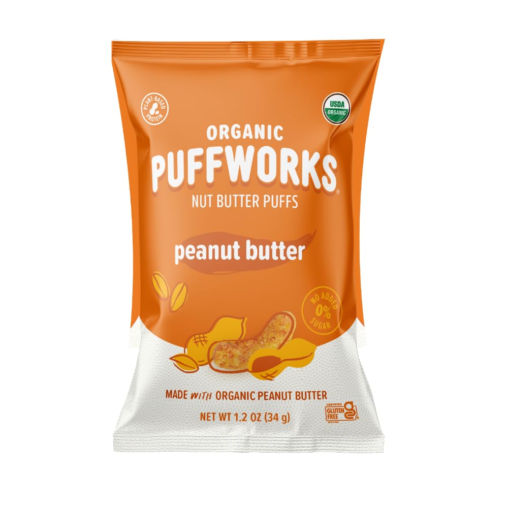 Puffworks front packaging showing organic peanut butter puffs and certification benefits