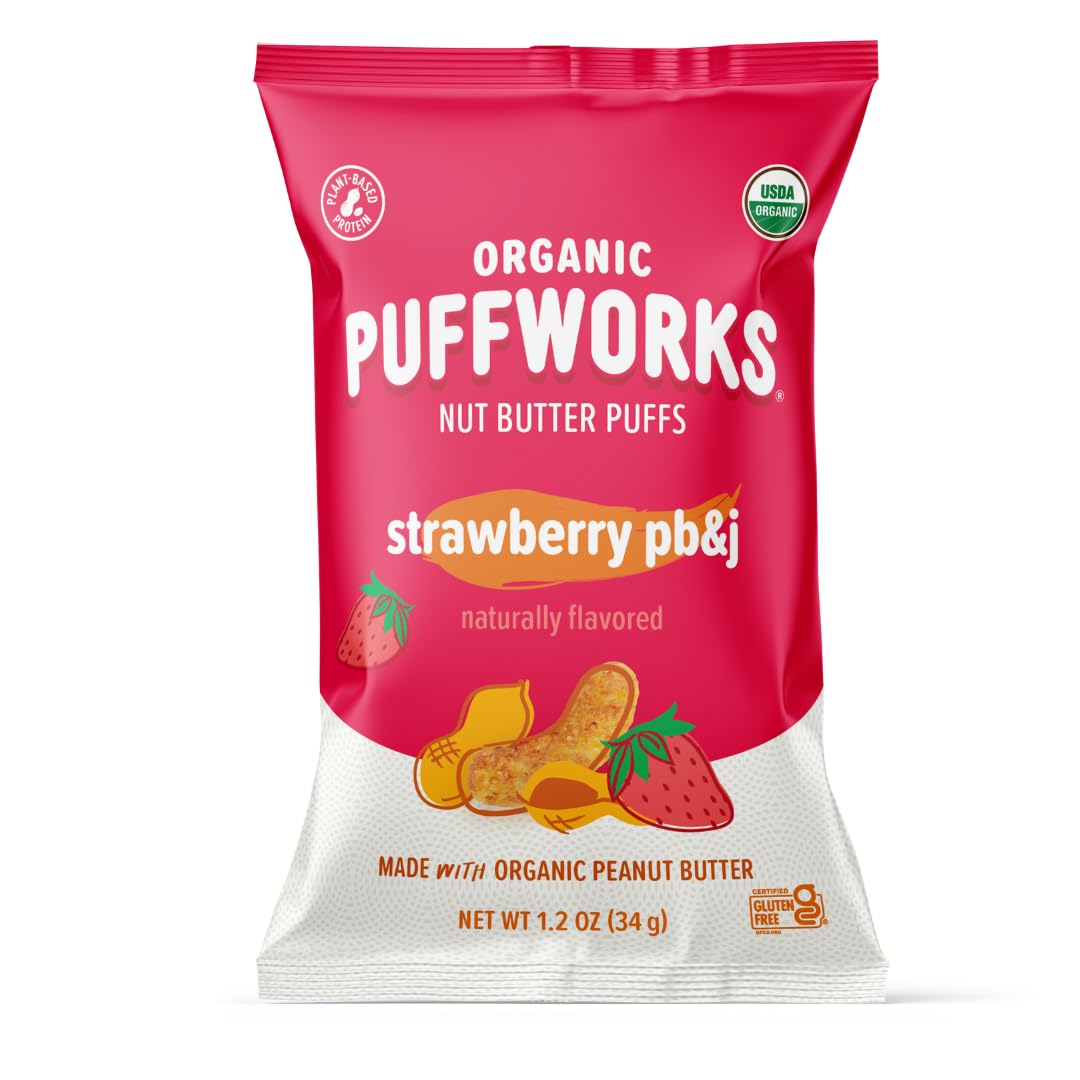 Puffworks front packaging showing strawberry PBJ flavor and organic badge for trust