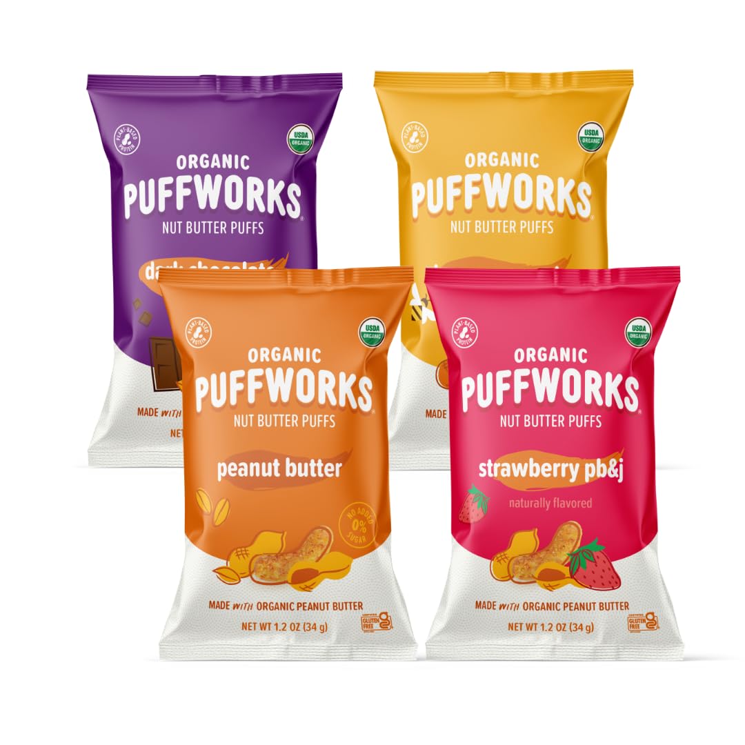 Puffworks front packaging showing variety pack and organic badge for trust