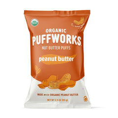 Puffworks front packaging shows organic peanut butter puffs and benefits