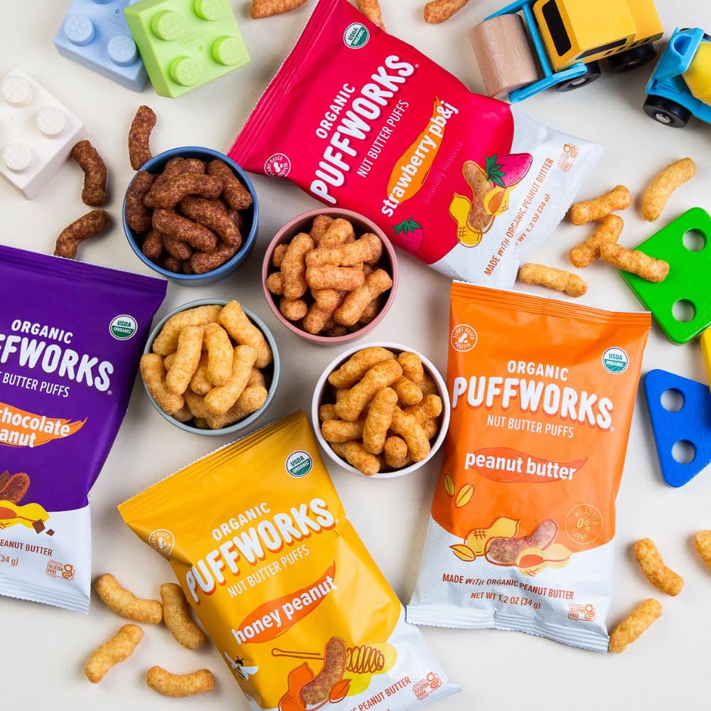 Puffworks six-pack display of bags illustrating multi-pack value and shelf presence