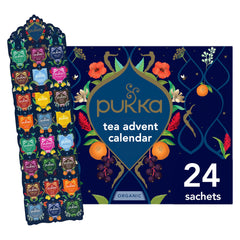 Pukka front box showing festive design and organic certification benefits