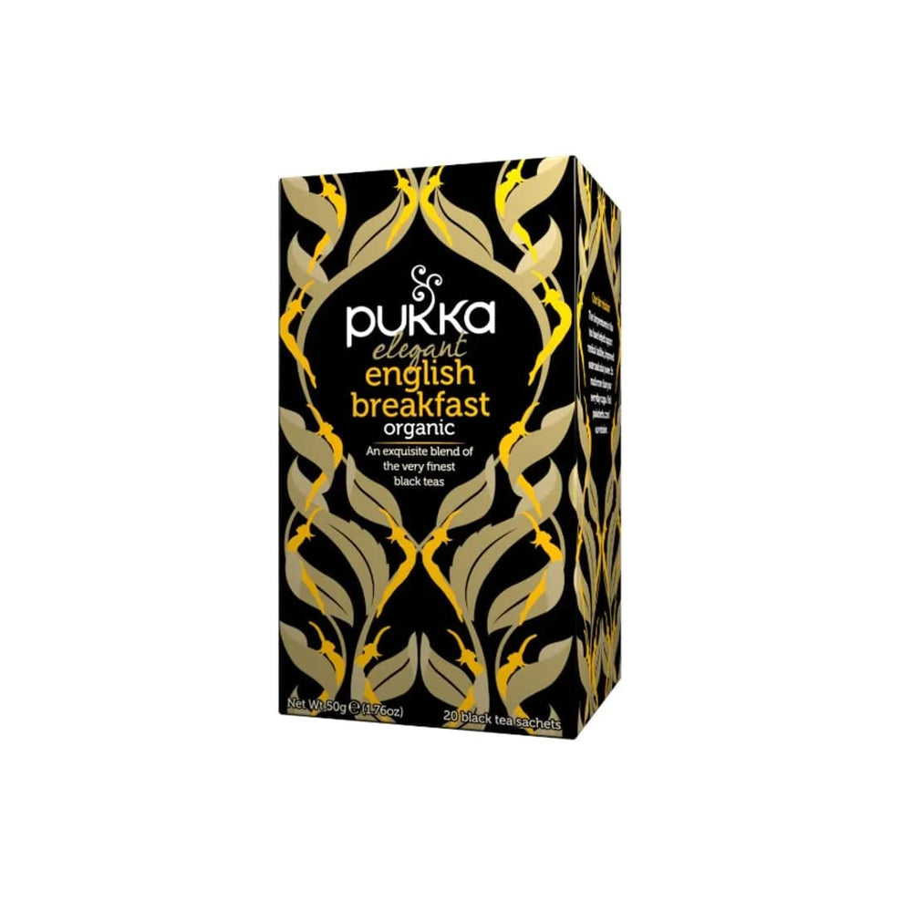 Pukka tea bag close-up with rich leaf color, showing convenience and aroma