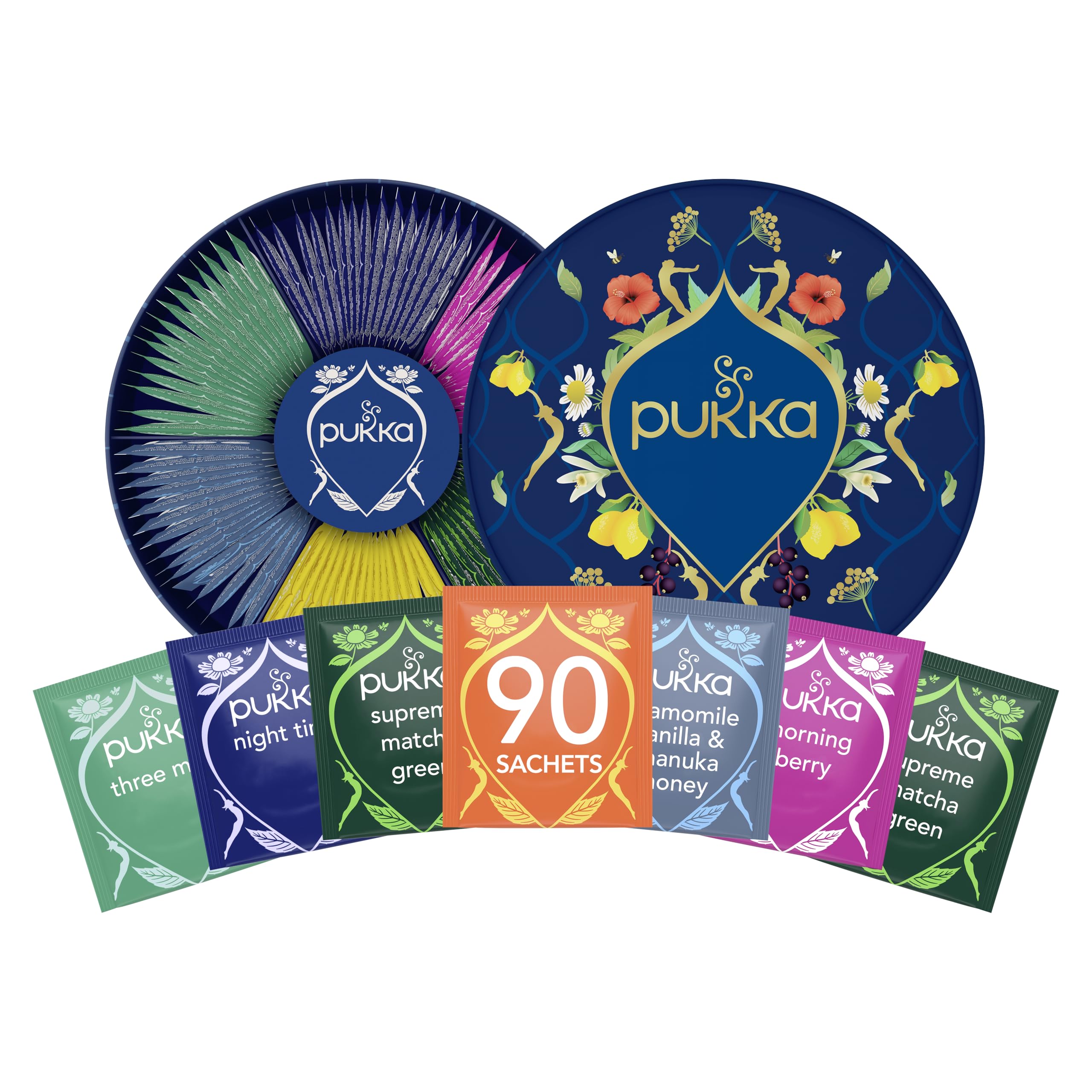 Pukka front packaging showing 90-count sampler and elegant gift box benefit clarity