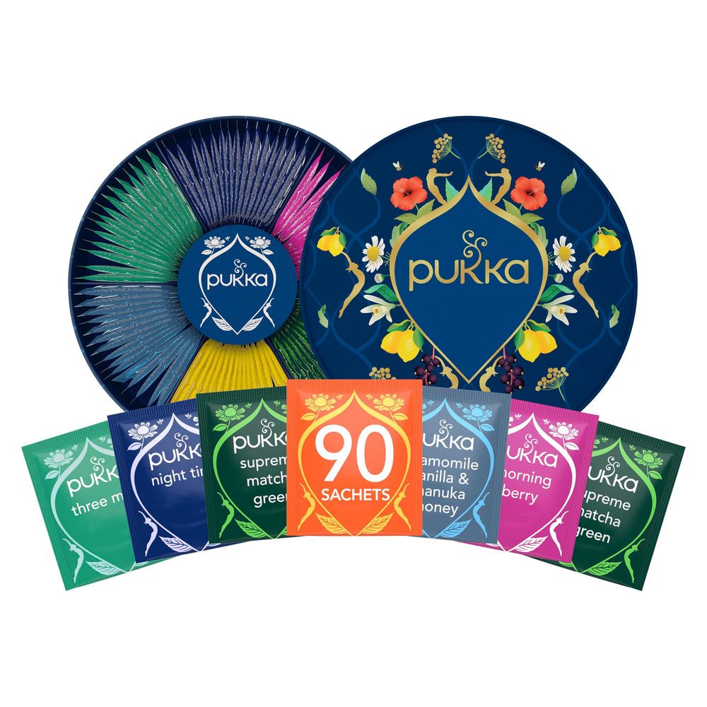Pukka front packaging showing 90-count sampler and elegant gift box benefit clarity
