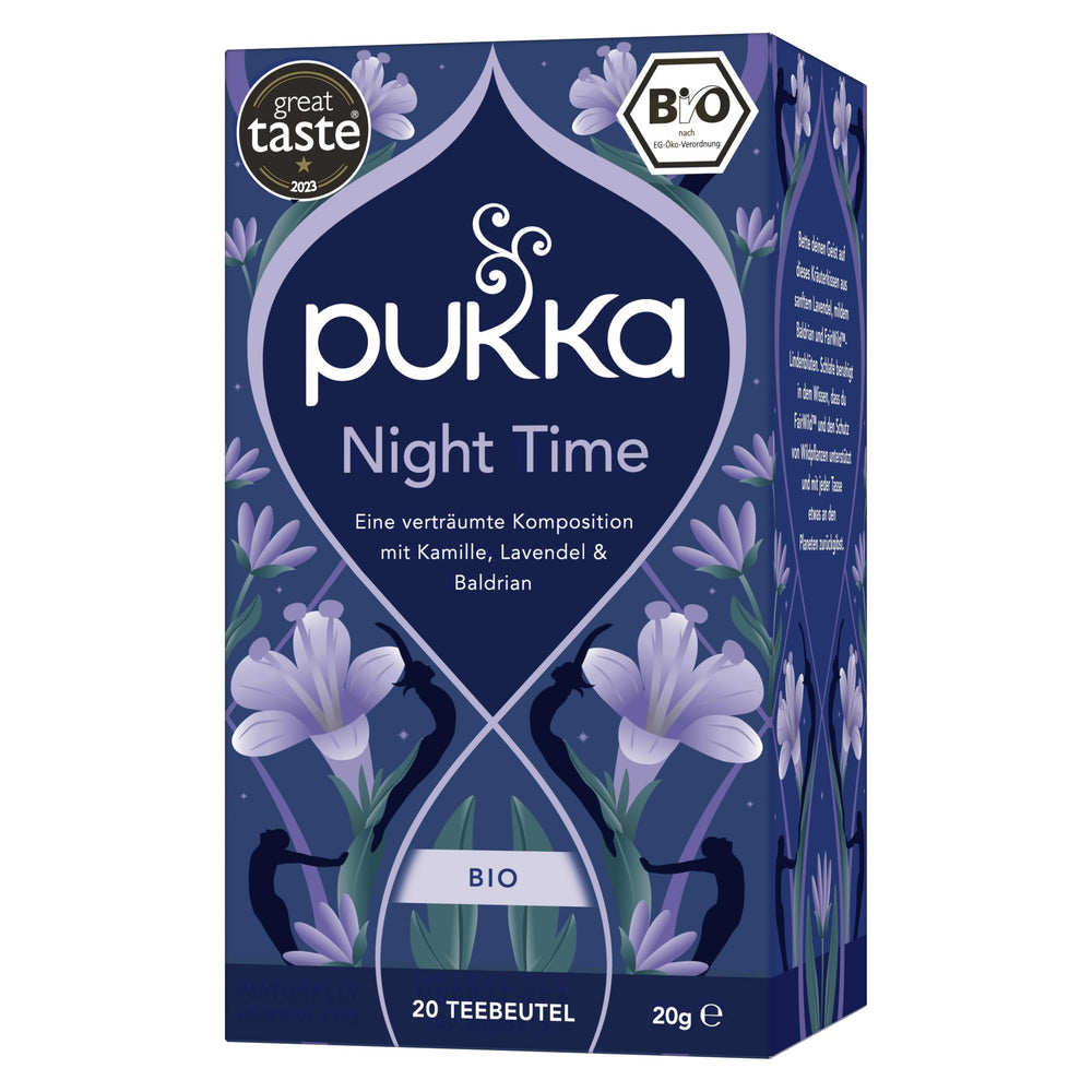 Pukka Night Time front box showing organic certifications and calming blend benefits