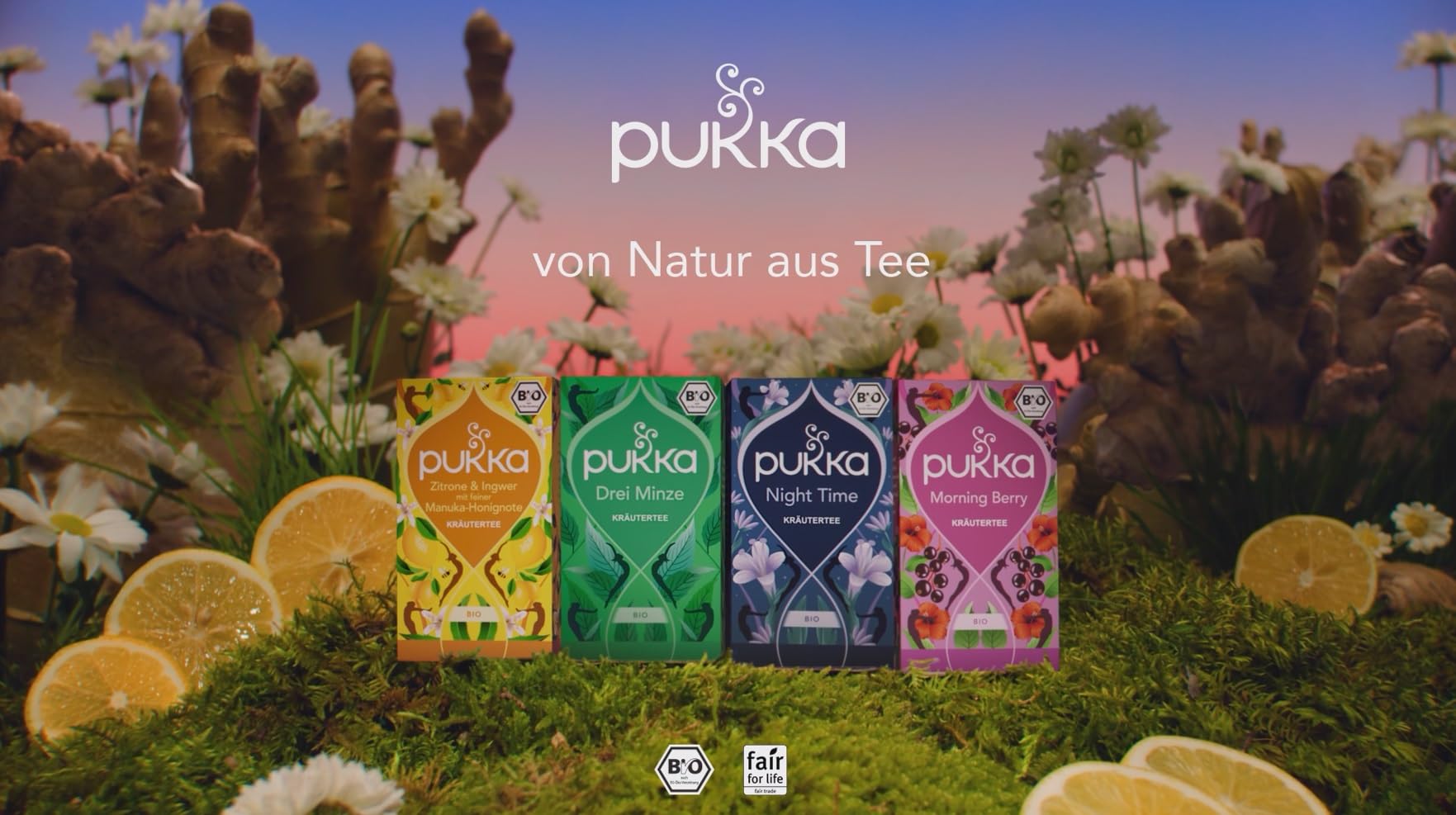 Pukka cup on bedside table conveying calming bedtime routine and restful atmosphere benefit