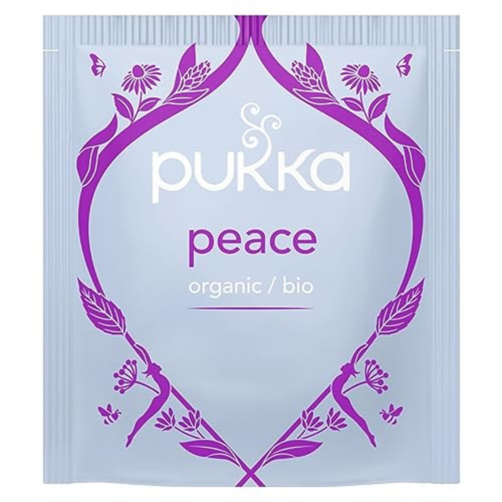Pukka Peace brewed cup with steam illustrating soothing aroma and relaxation