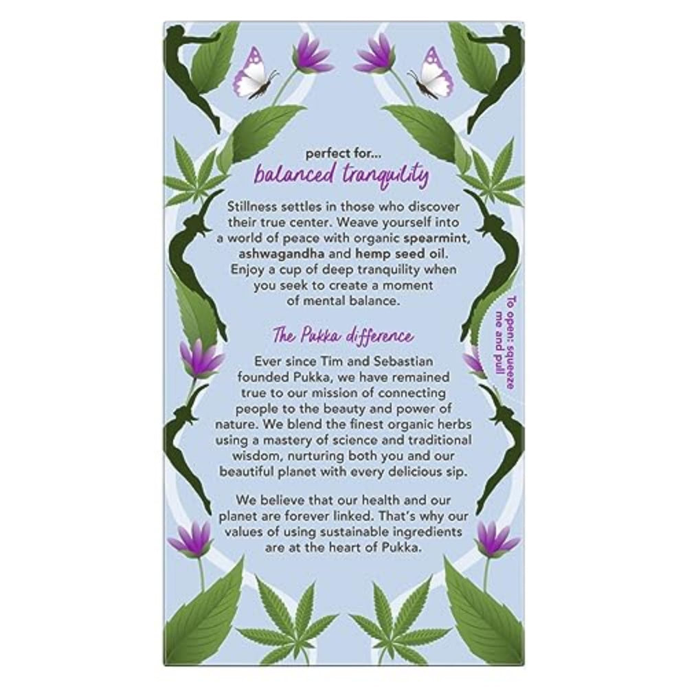 Pukka Peace tea bag close-up revealing herb blend and sachet texture