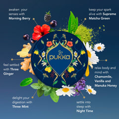Pukka close-up of dried herbs and botanicals showing organic quality and aroma