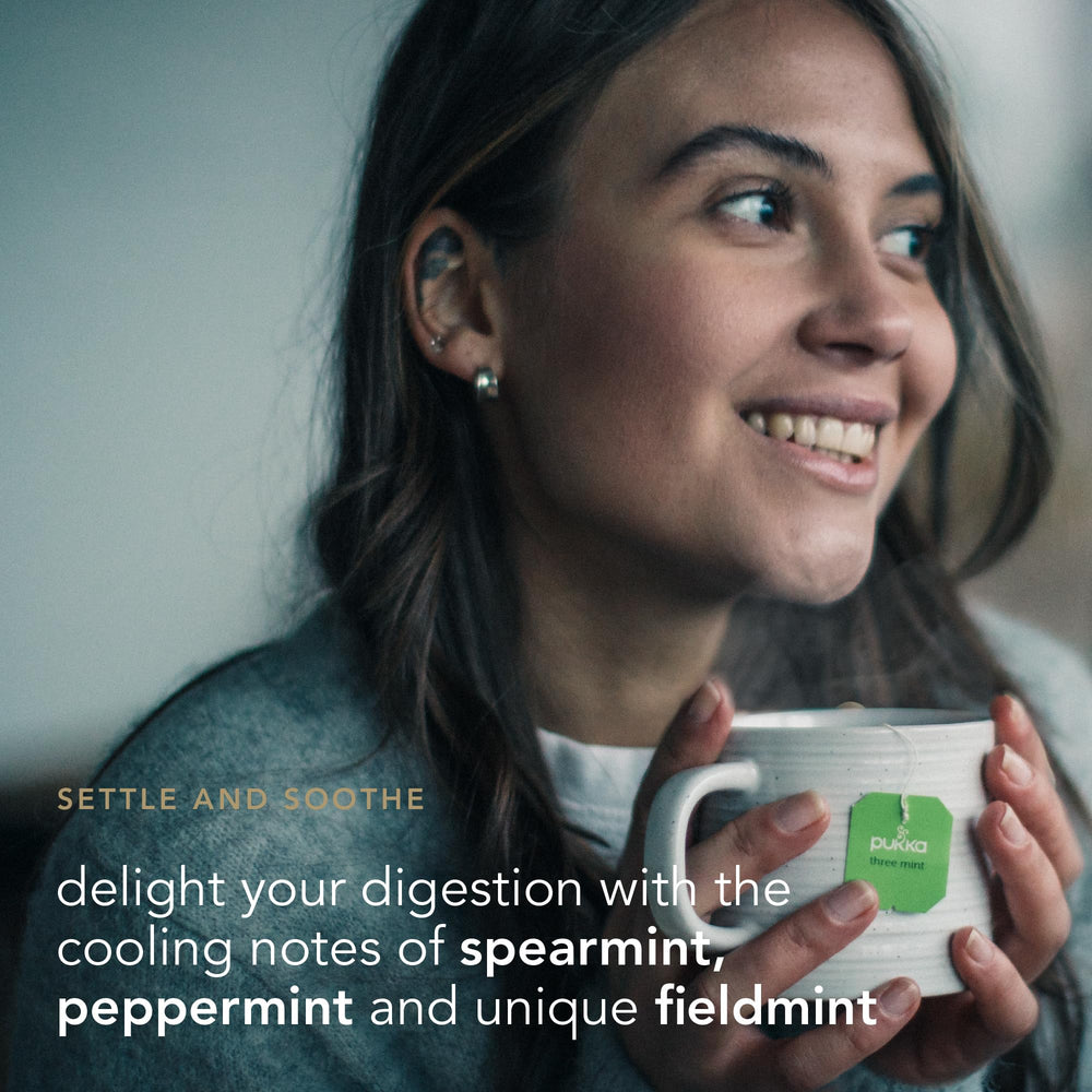 Pukka brewed cup of mint tea steaming, highlighting refreshing aroma
