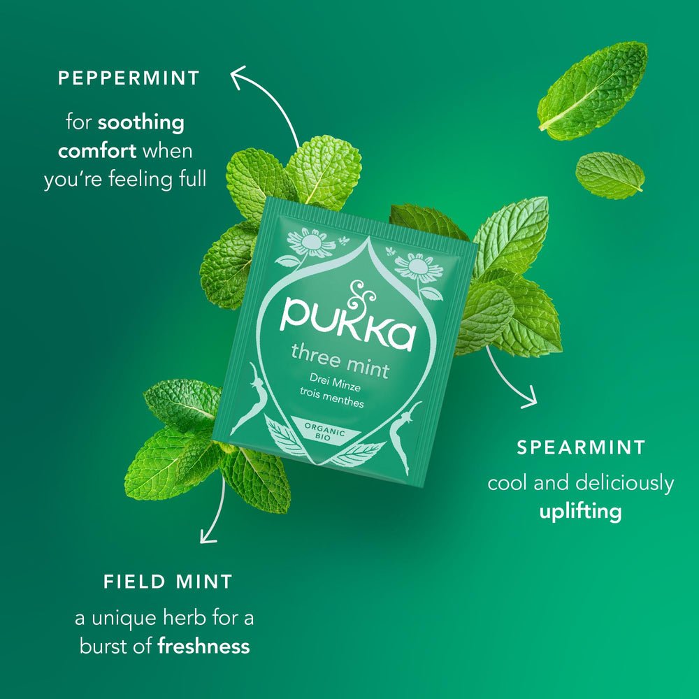 Fresh peppermint spearmint and field mint beside Pukka pack showing natural ingredients