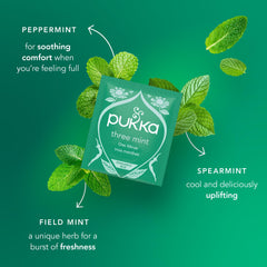 Fresh peppermint spearmint and field mint beside Pukka pack showing natural ingredients