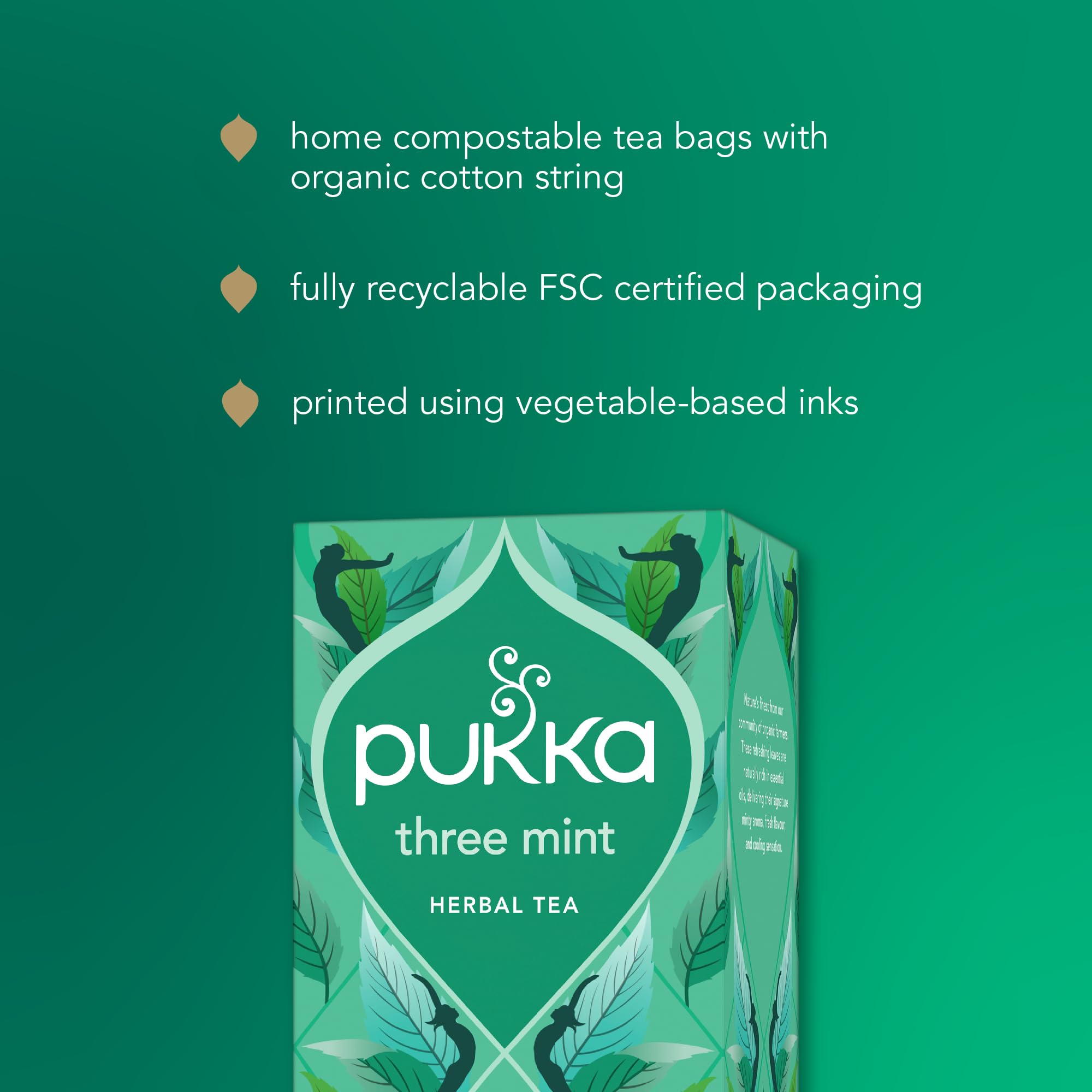 Pukka tea box next to a mug and coin for size and convenience comparison