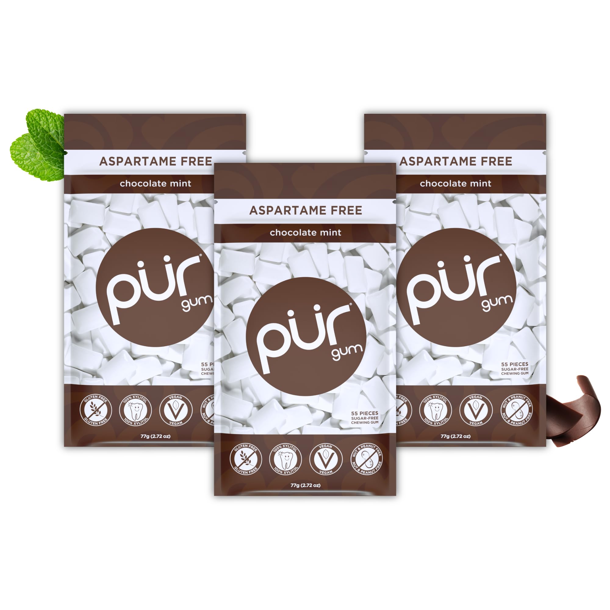 PUR Gum front packaging showing chocolate mint and resealable bag benefit