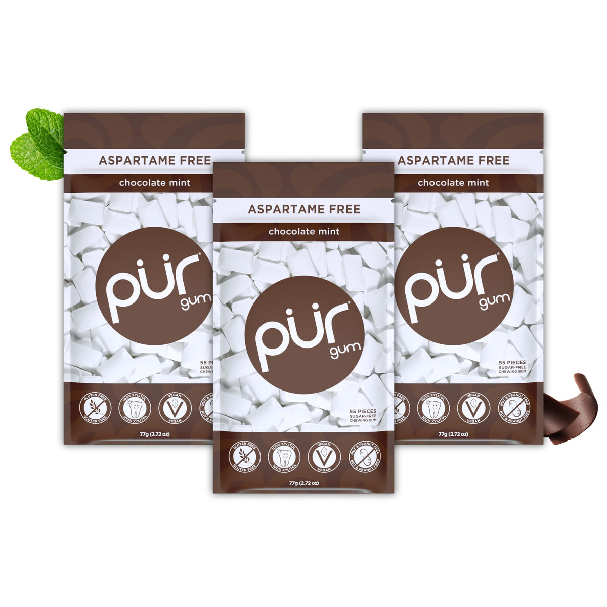 PUR Gum front packaging showing chocolate mint and resealable bag benefit