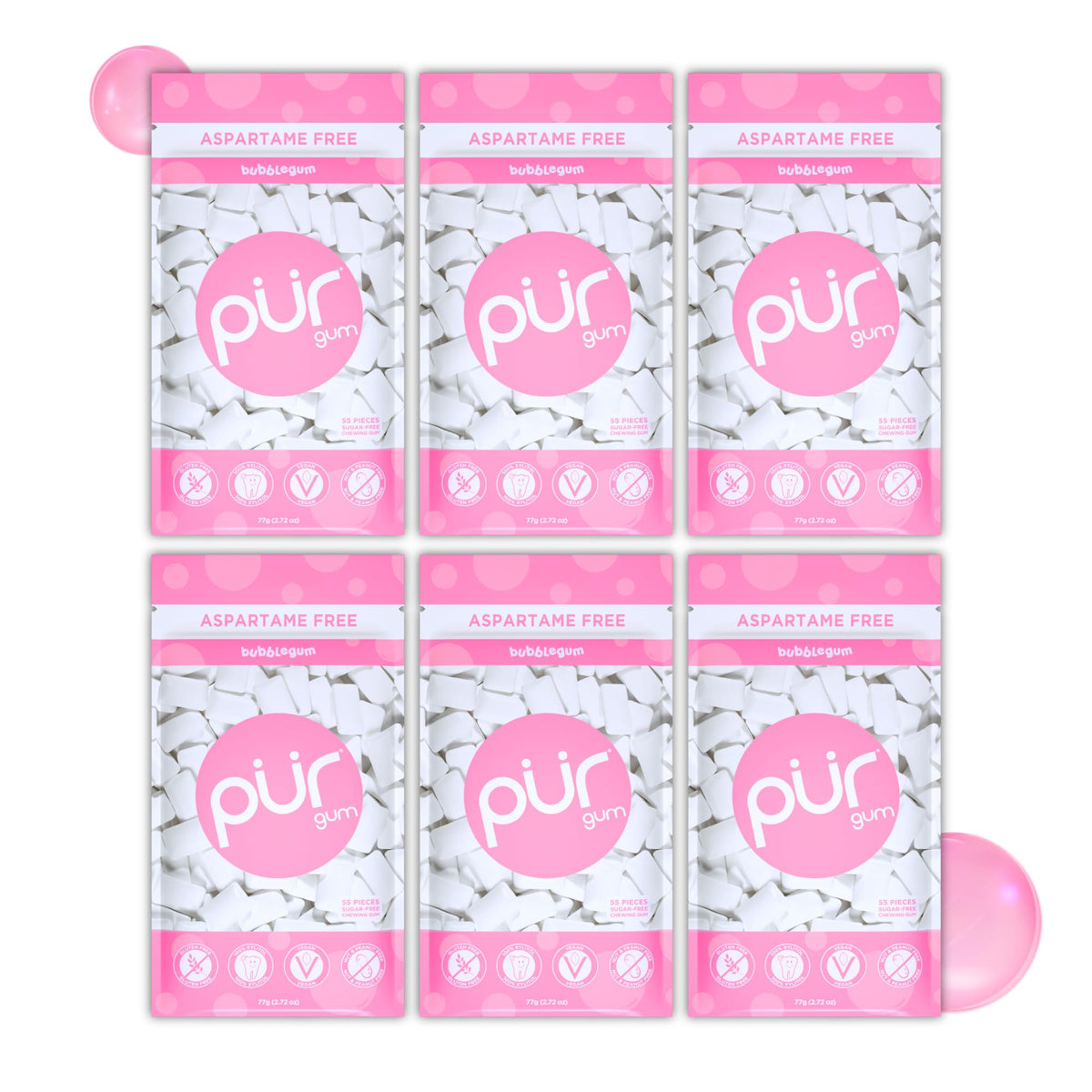 PUR Gum front packaging showing bubblegum bags and brand visibility for easy selection