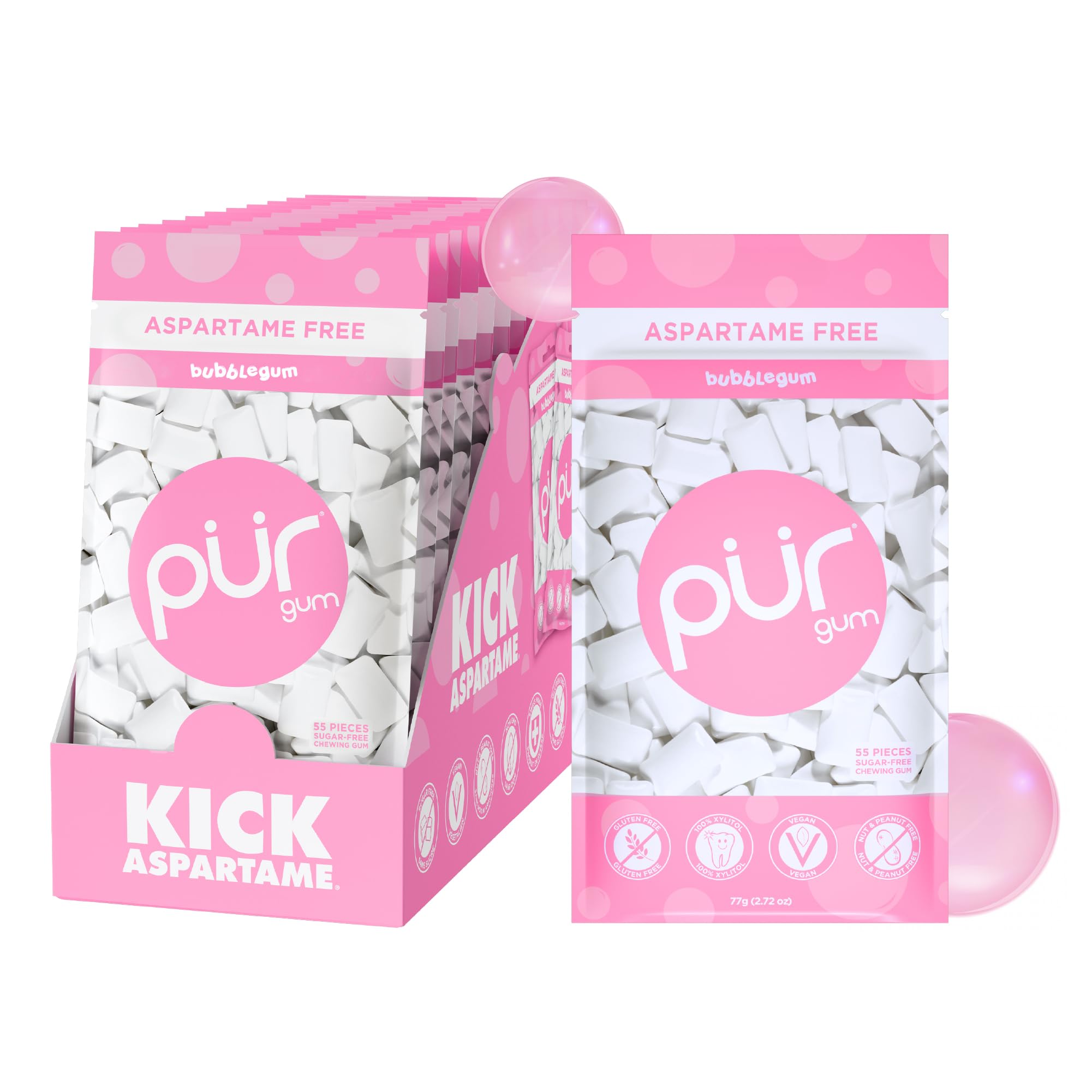 PUR Gum front packaging showing bubblegum resealable bag and clear branding for convenience