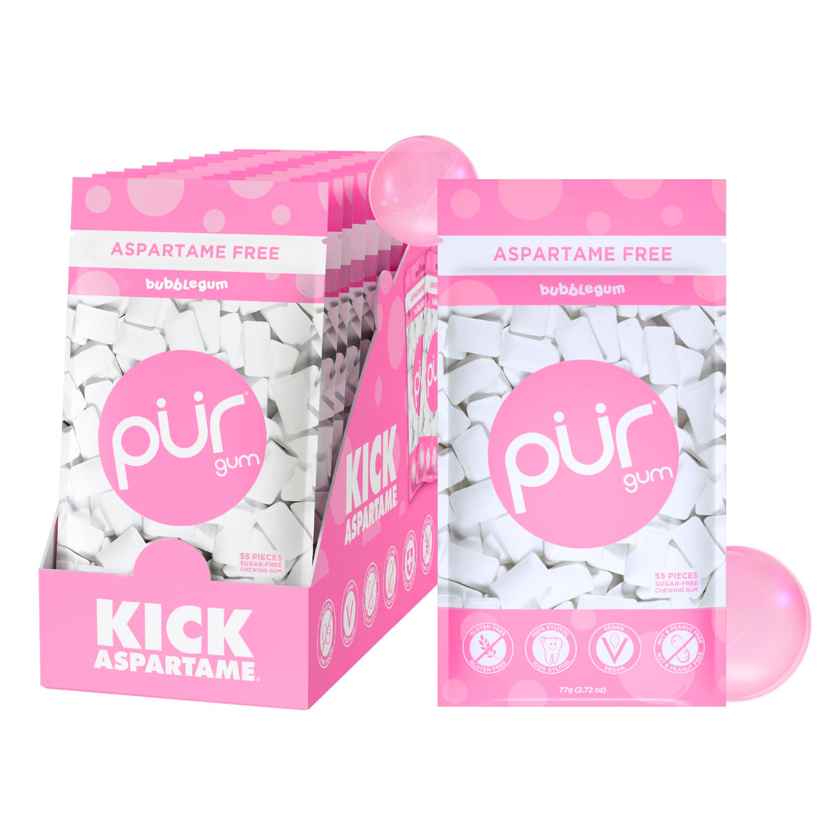 PUR Gum front packaging showing bubblegum resealable bag and clear branding for convenience