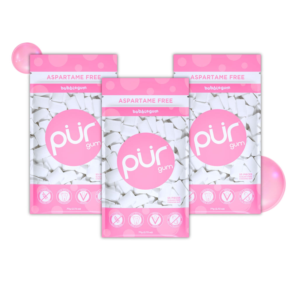 PUR Gum front packaging showing bubblegum flavor and three bags for convenience