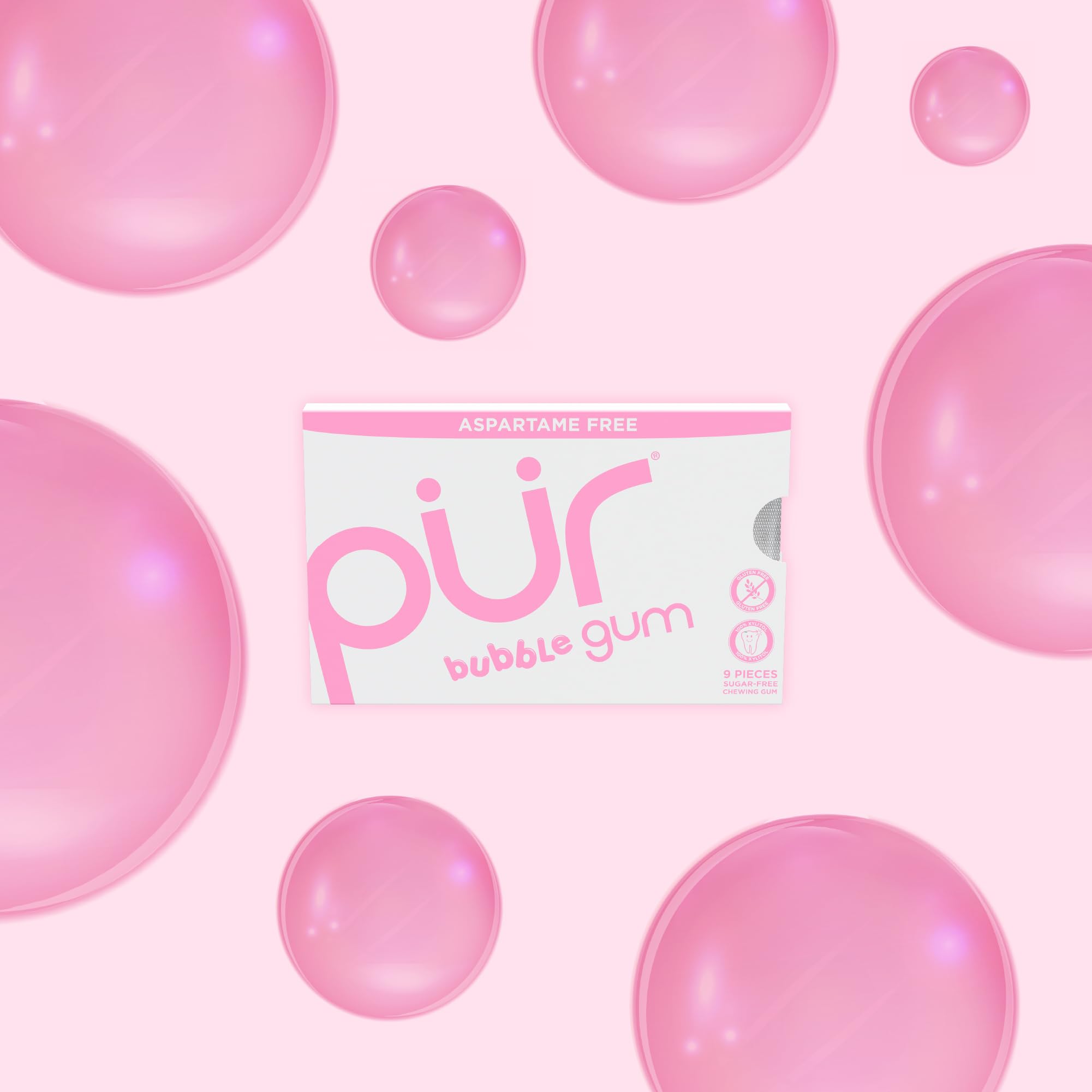 Close-up of a PUR Gum bubblegum piece highlighting texture and color