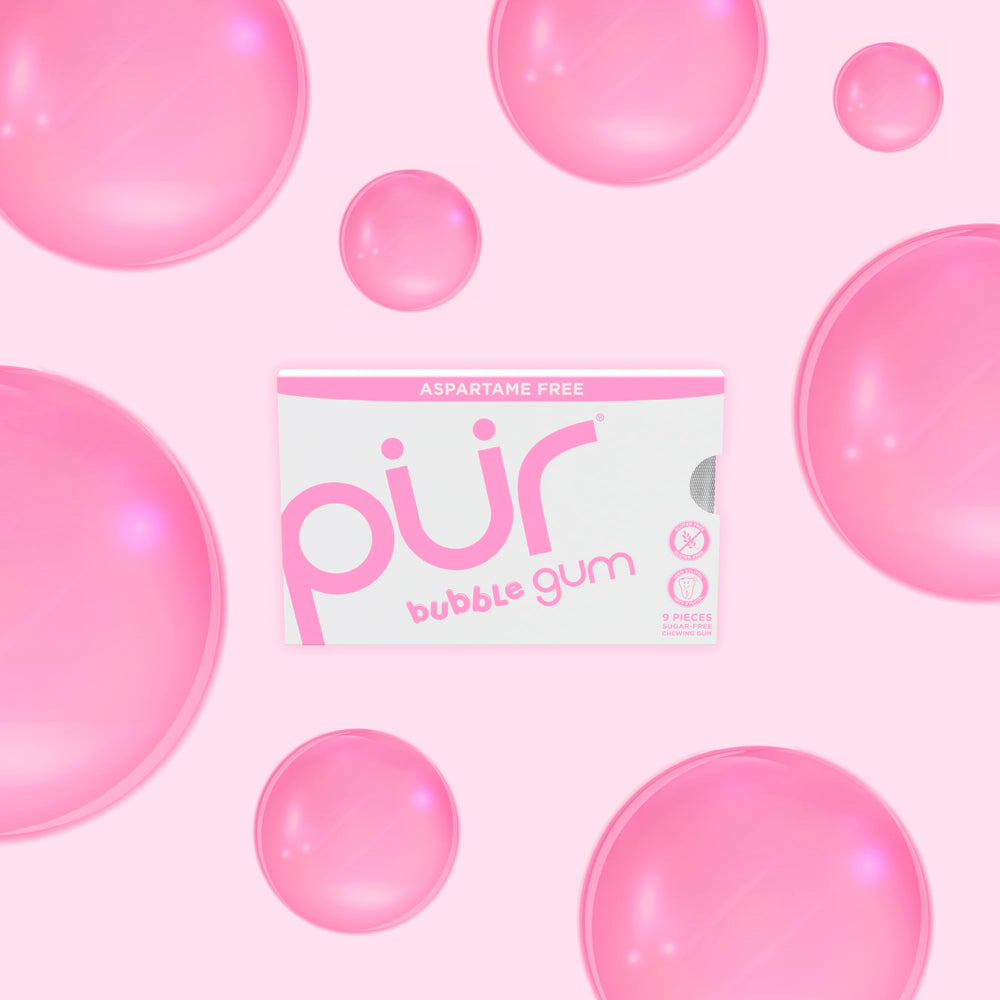 Close-up of a PUR Gum bubblegum piece highlighting texture and color