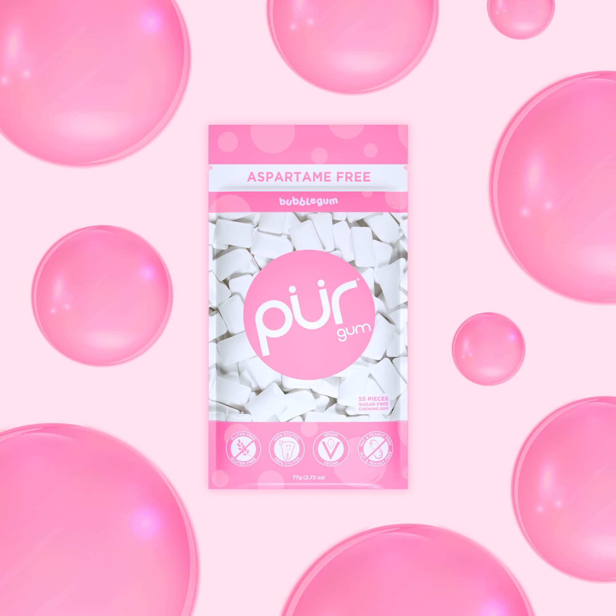 PUR Gum single piece close-up showing smooth texture and natural xylitol sweetness benefit