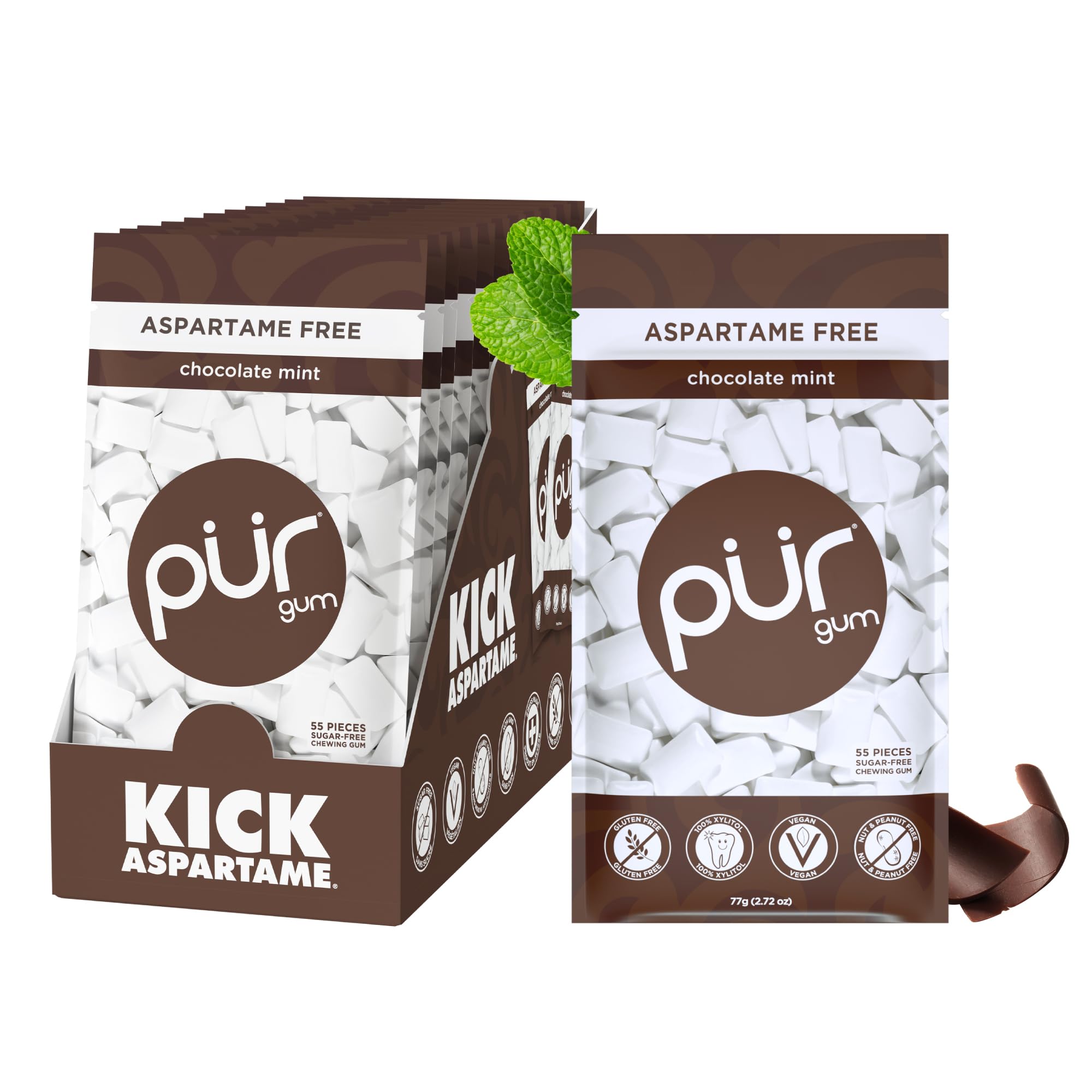 PUR Gum front packaging showing chocolate mint bags and resealable zip for convenience