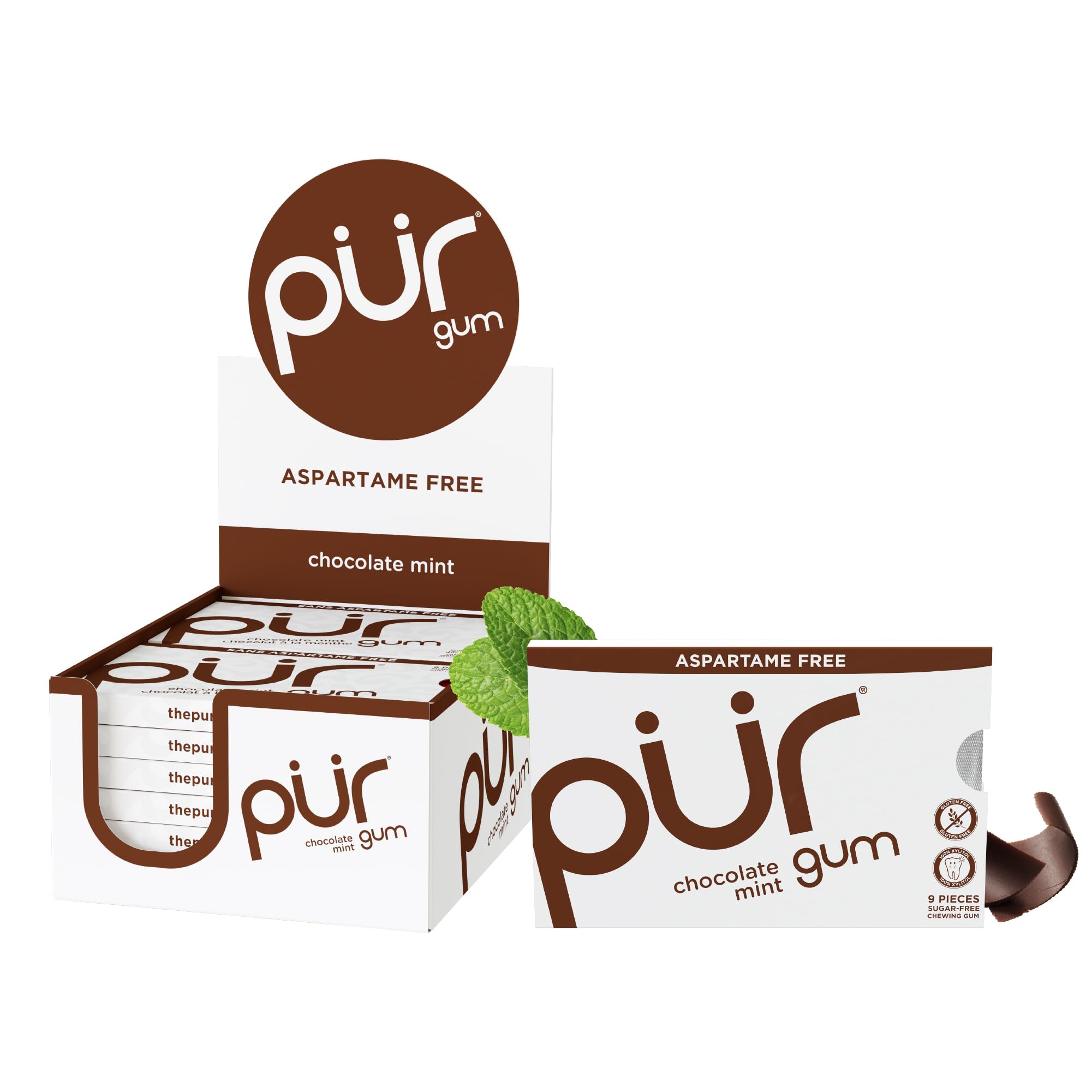 PUR Gum chocolate mint front packaging showing blister cards and branding for travel convenience
