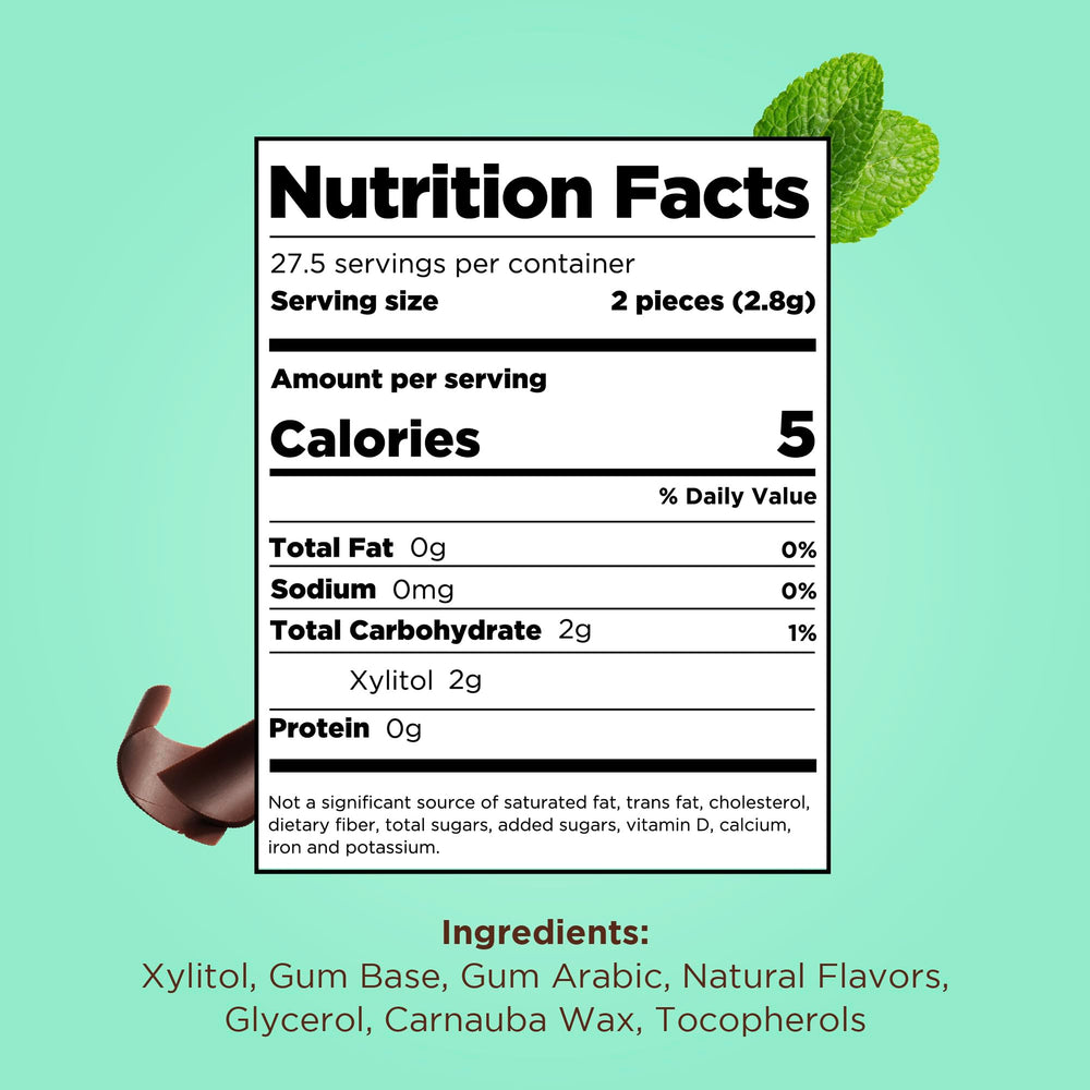 PUR Gum chocolate mint in a bag on the go depicting portability and quick sweet craving relief