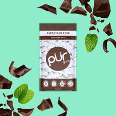 PUR Gum close-up of a chocolate mint piece showing texture and consistent coating