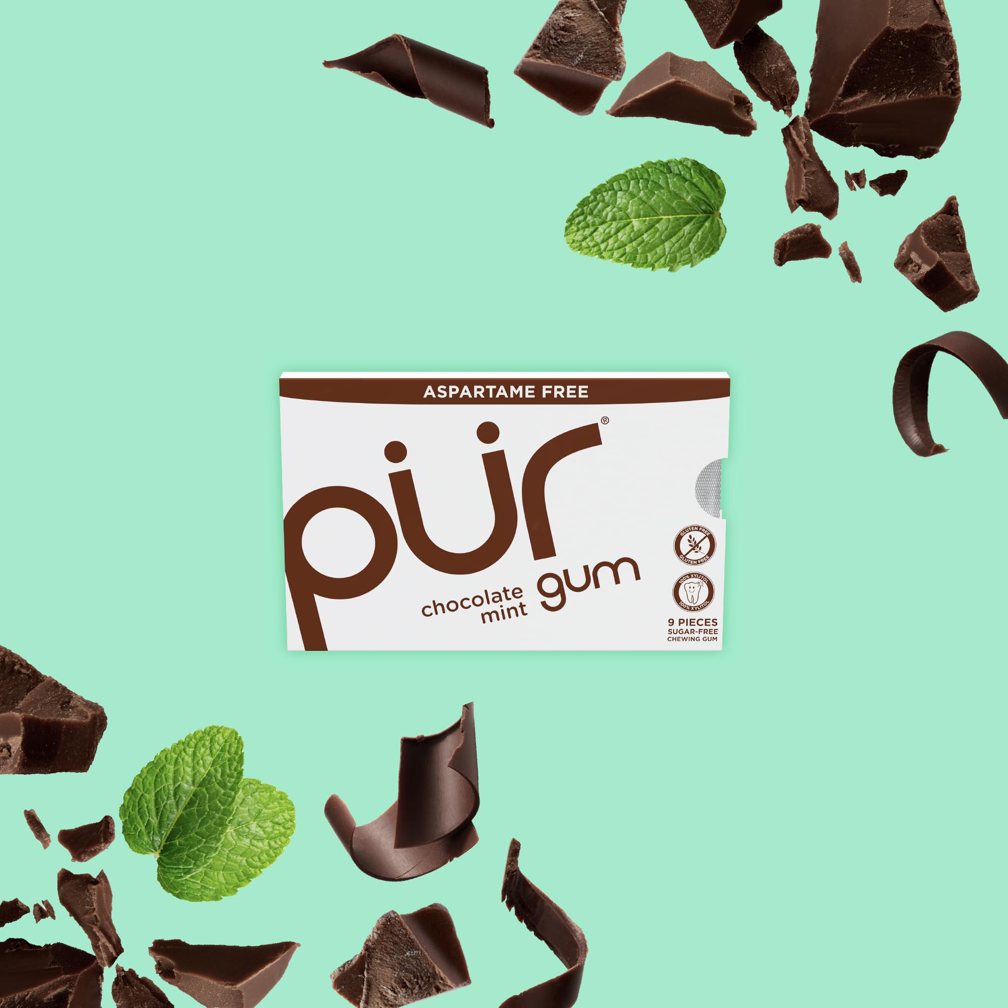 PUR Gum chocolate mint single piece texture close-up showing smooth chewable surface and flavor appeal