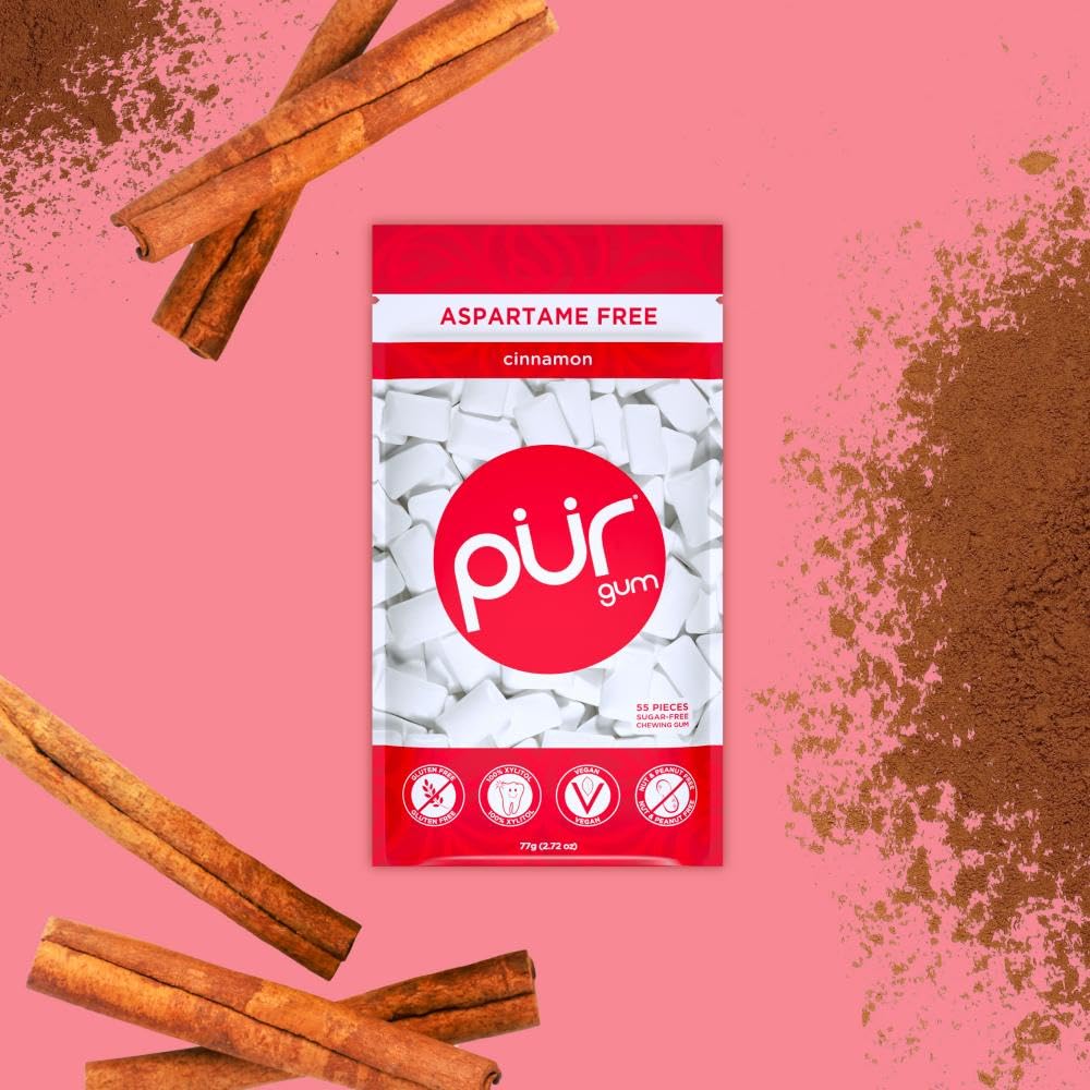 close-up of PUR Gum cinnamon piece texture highlighting bold flavor and sugar-free sweetening
