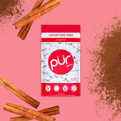 close-up of PUR Gum cinnamon piece texture highlighting bold flavor and sugar-free sweetening