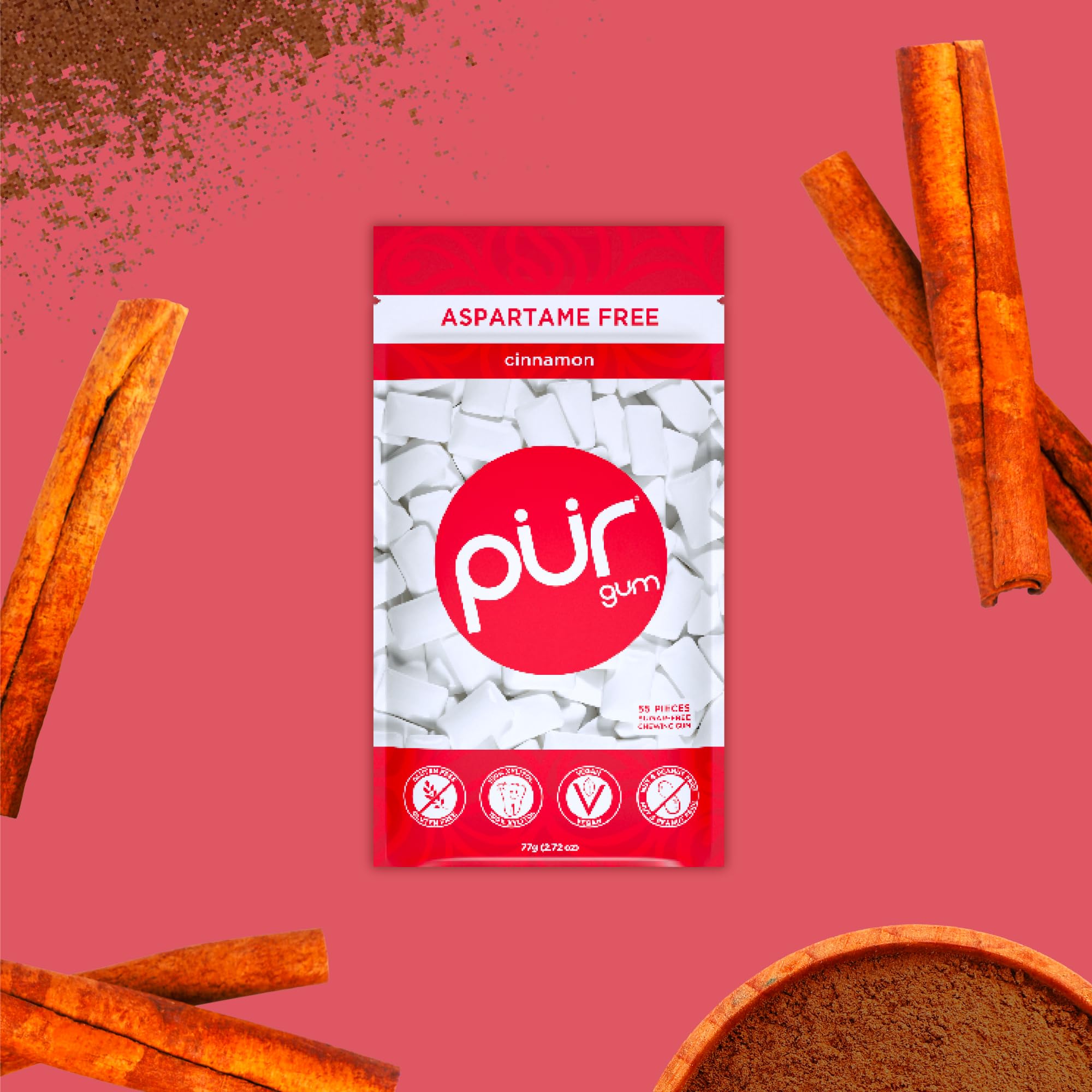PUR Gum close-up of gum piece texture showing smooth surface and bold cinnamon appeal