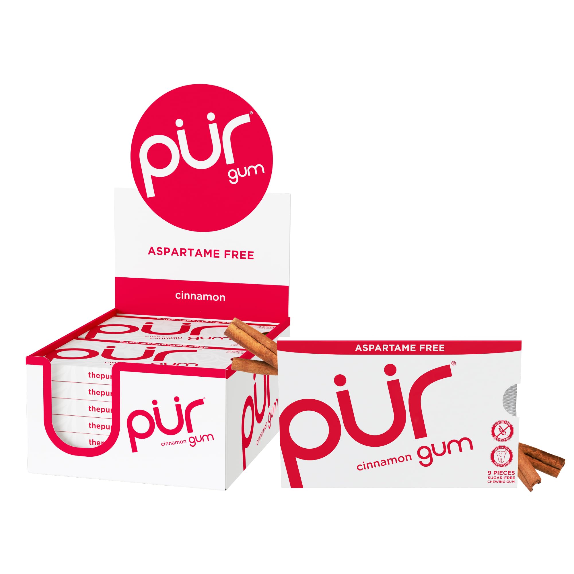PUR Gum cinnamon front box showing 108-count and blister pack benefit