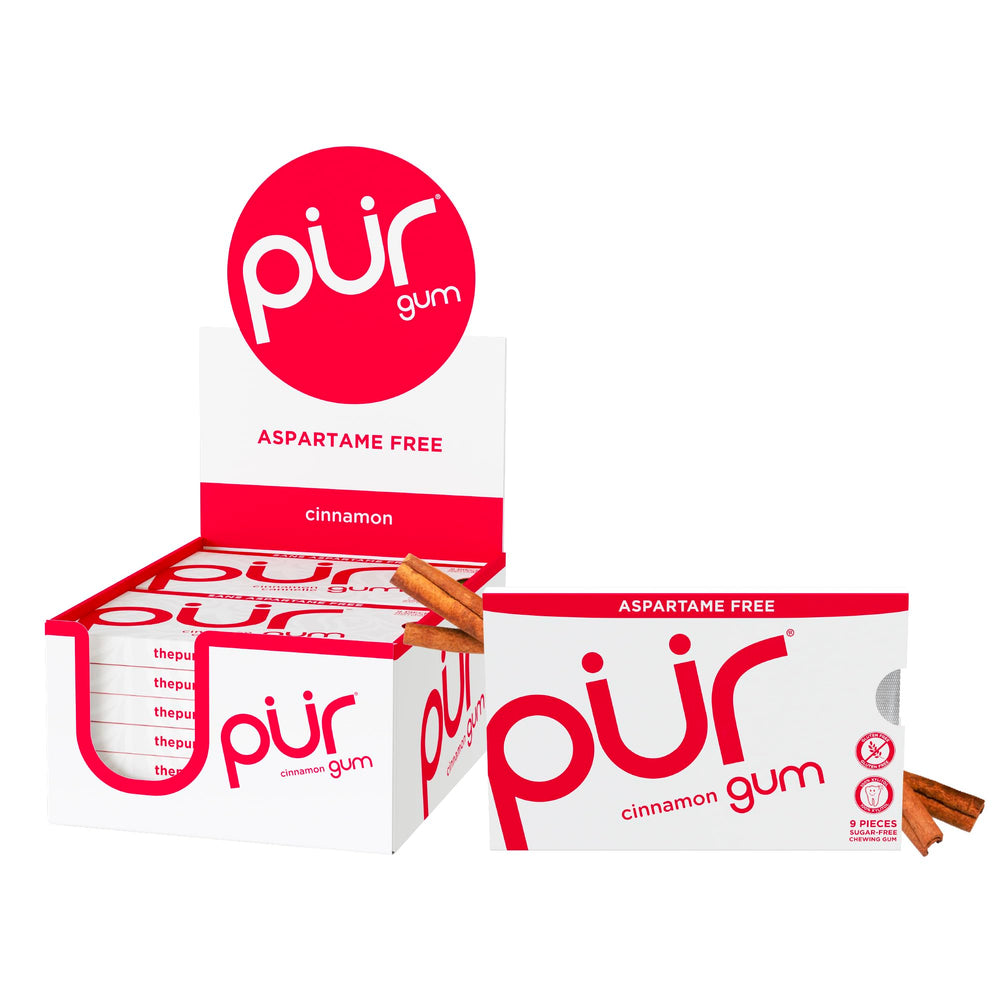PUR Gum cinnamon front box showing 108-count and blister pack benefit