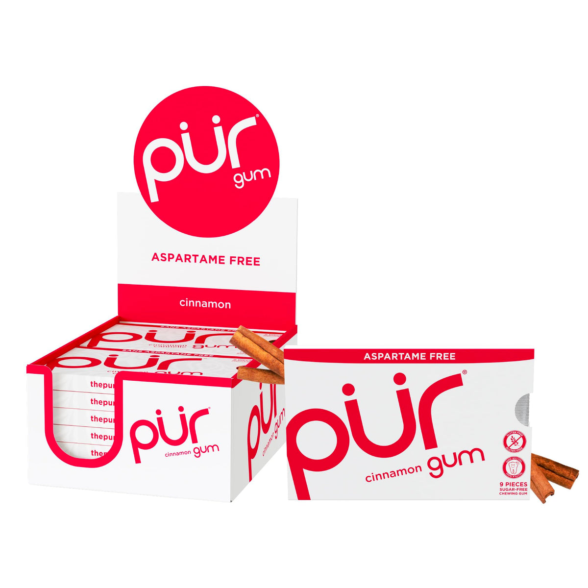 PUR Gum cinnamon front box showing 108-count and blister pack benefit