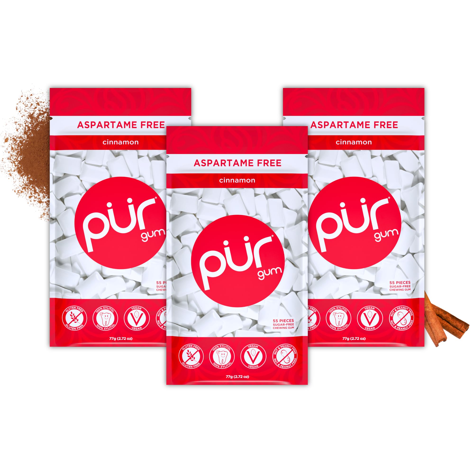 PUR Gum front packaging showing cinnamon bags and clear branding for convenience