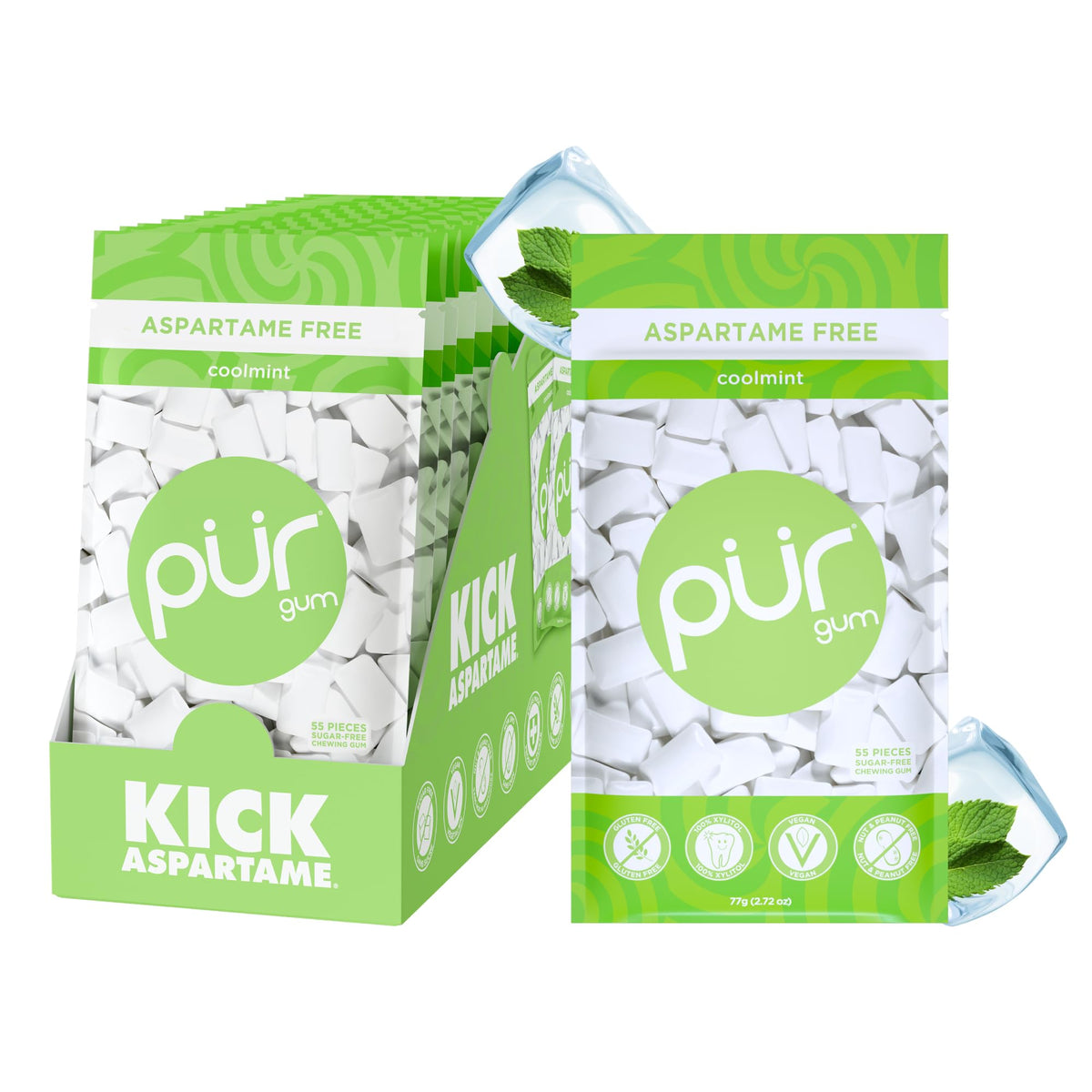 PUR Gum Coolmint front packaging showing resealable bag and 55-piece label for convenient fresh storage