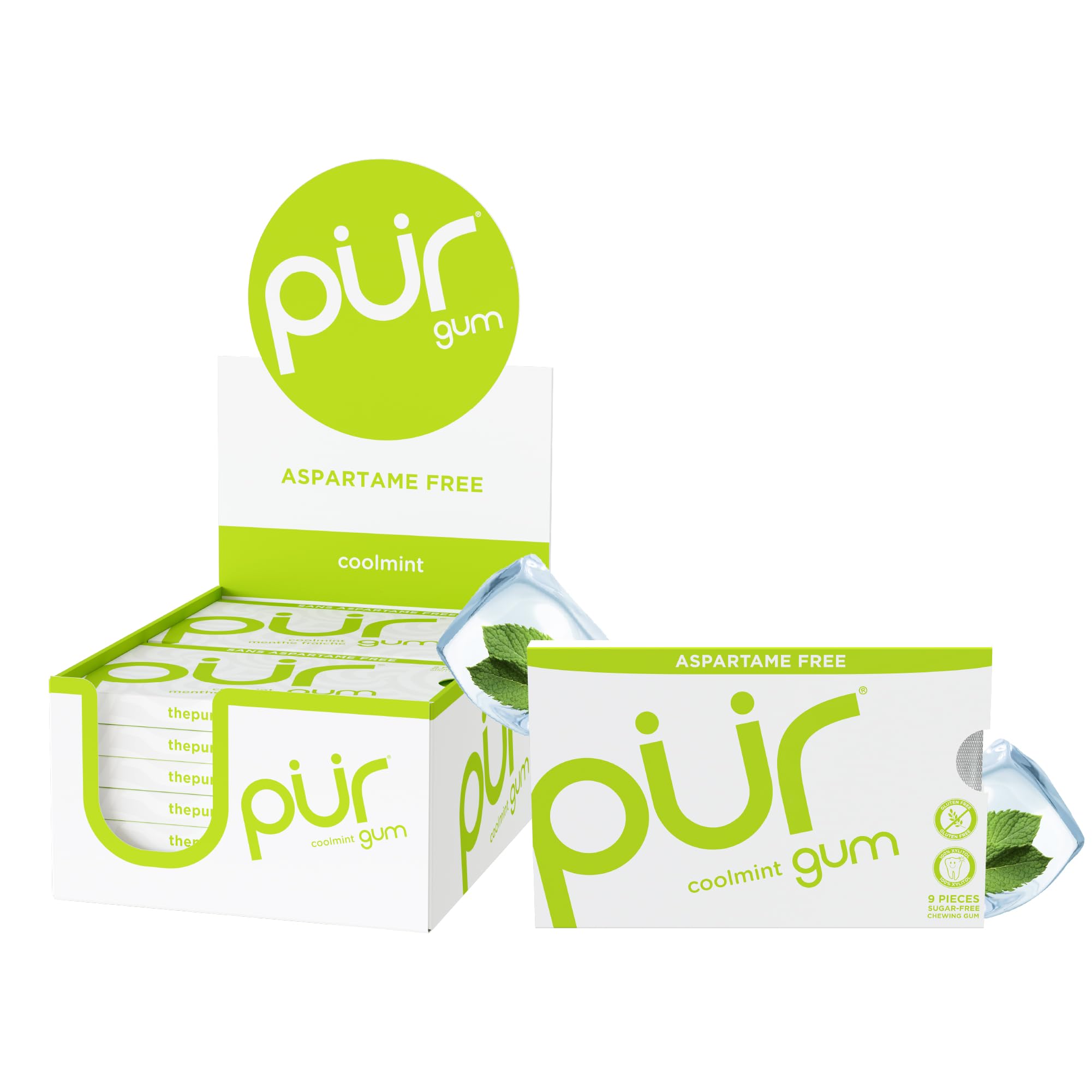 PUR Gum front packaging showing 108 pieces and cooling mint benefit