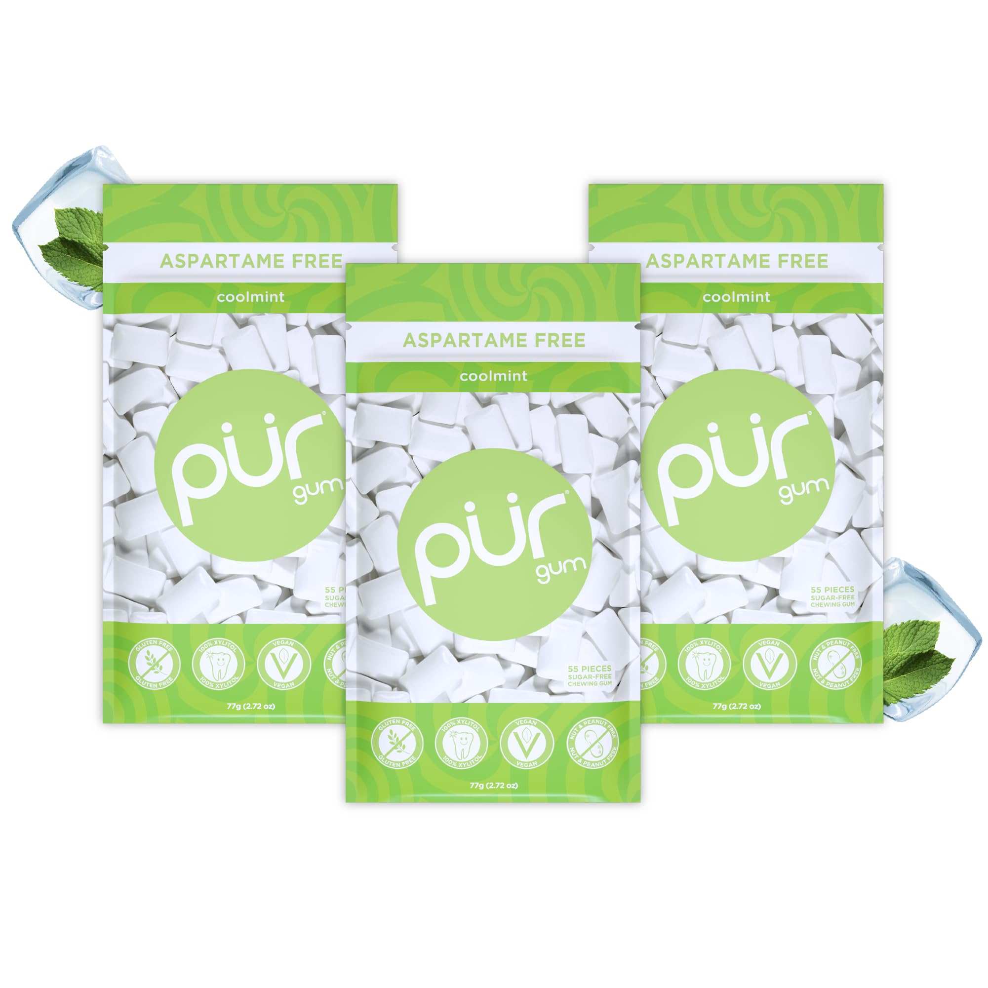 PUR Gum front packaging showing 3x55 resealable bags for fresh mint