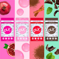 PUR Gum flavor lineup arranged to show variety and clear flavor labels for choice
