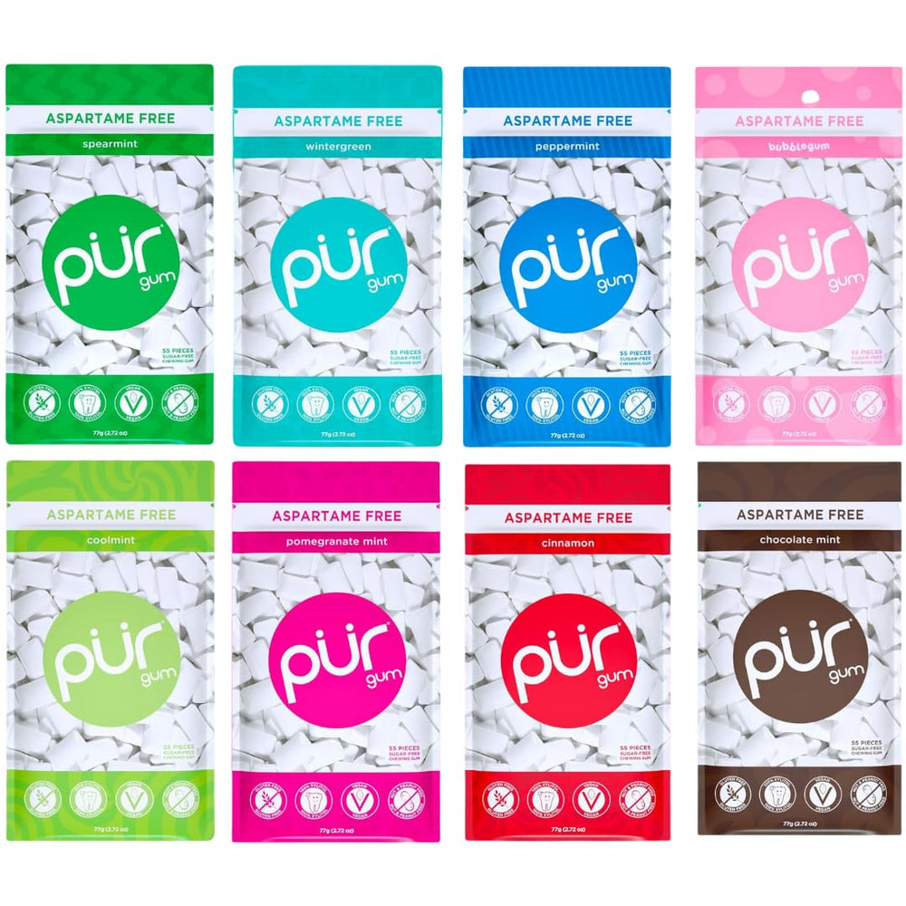 PUR Gum front package showing eight-flavor assortment and xylitol benefit