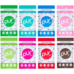 PUR Gum front package showing eight-flavor assortment and xylitol benefit