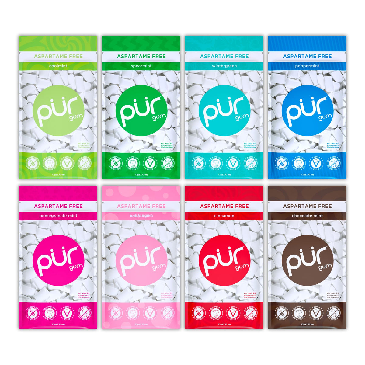 PUR Gum front packaging showing all eight flavors and resealable bags for convenience