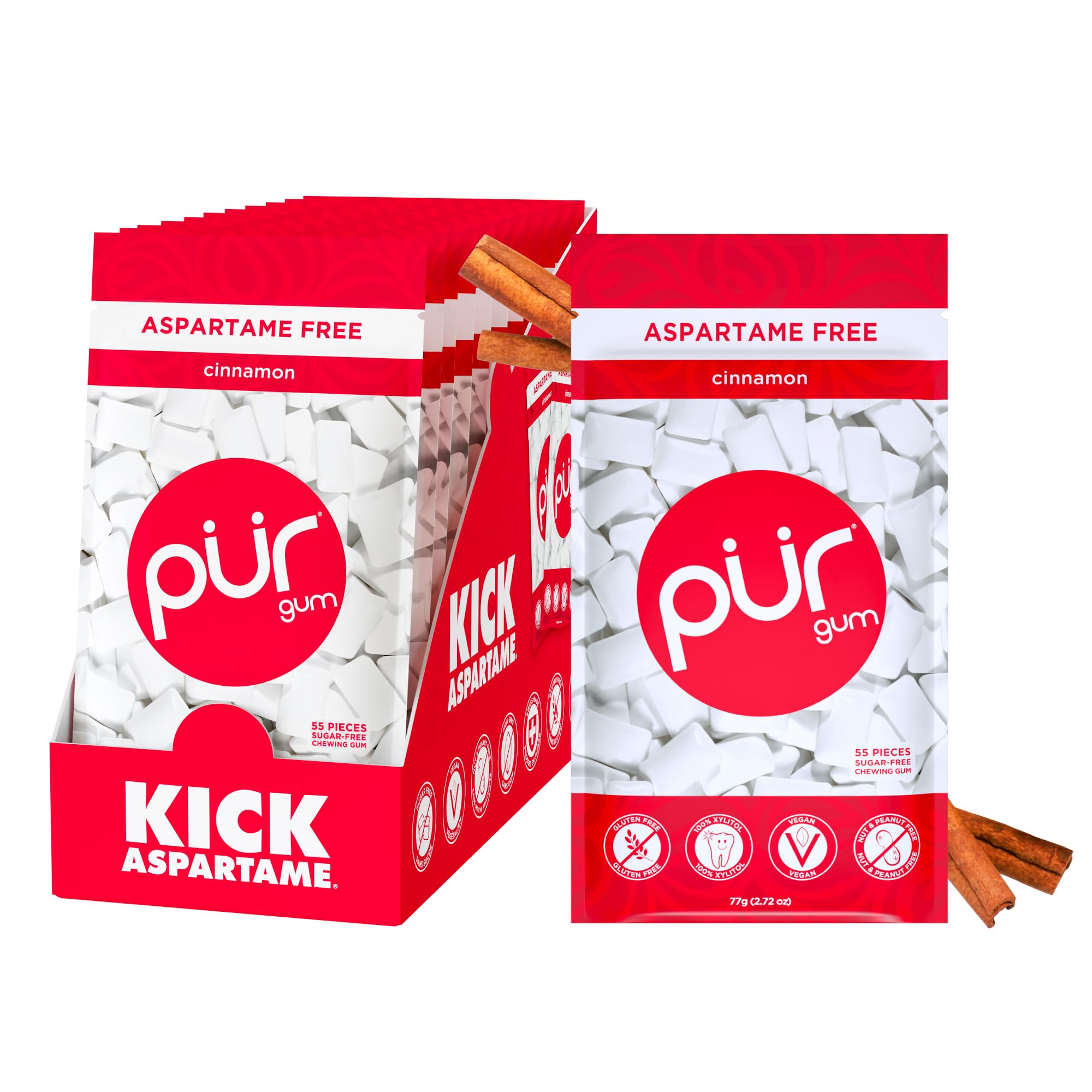 PUR Gum front packaging showing cinnamon branding and bulk count benefits