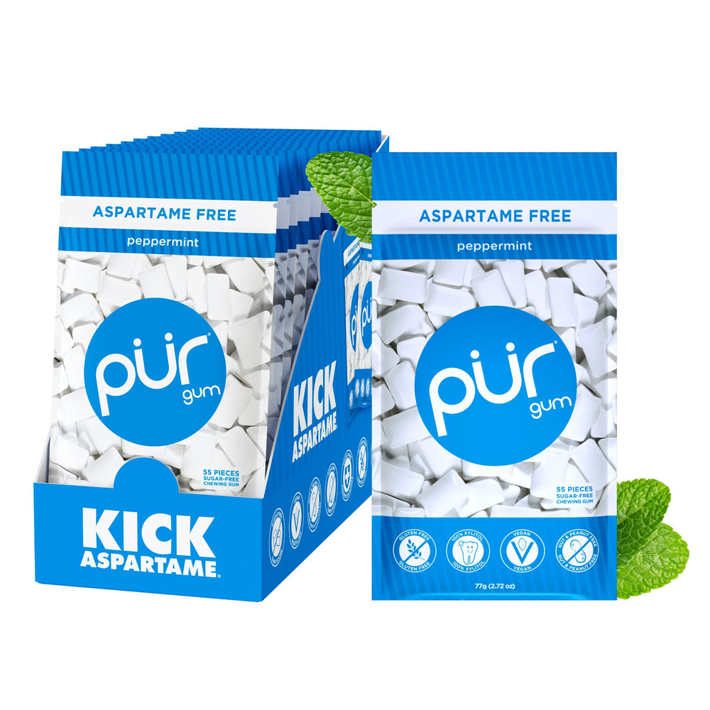 PUR Gum front packaging showing peppermint bags and count for easy selection