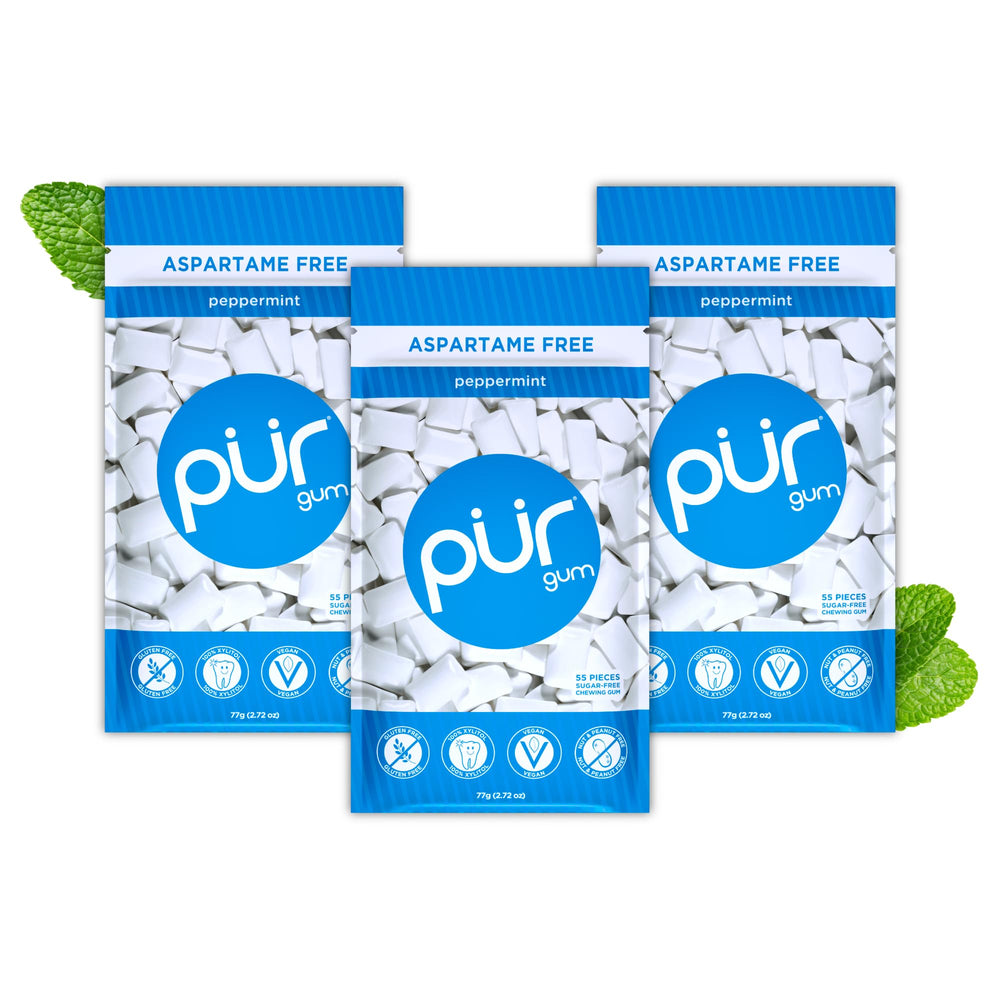 PUR Gum front packaging showing peppermint bags and clear labeling for fresh mint