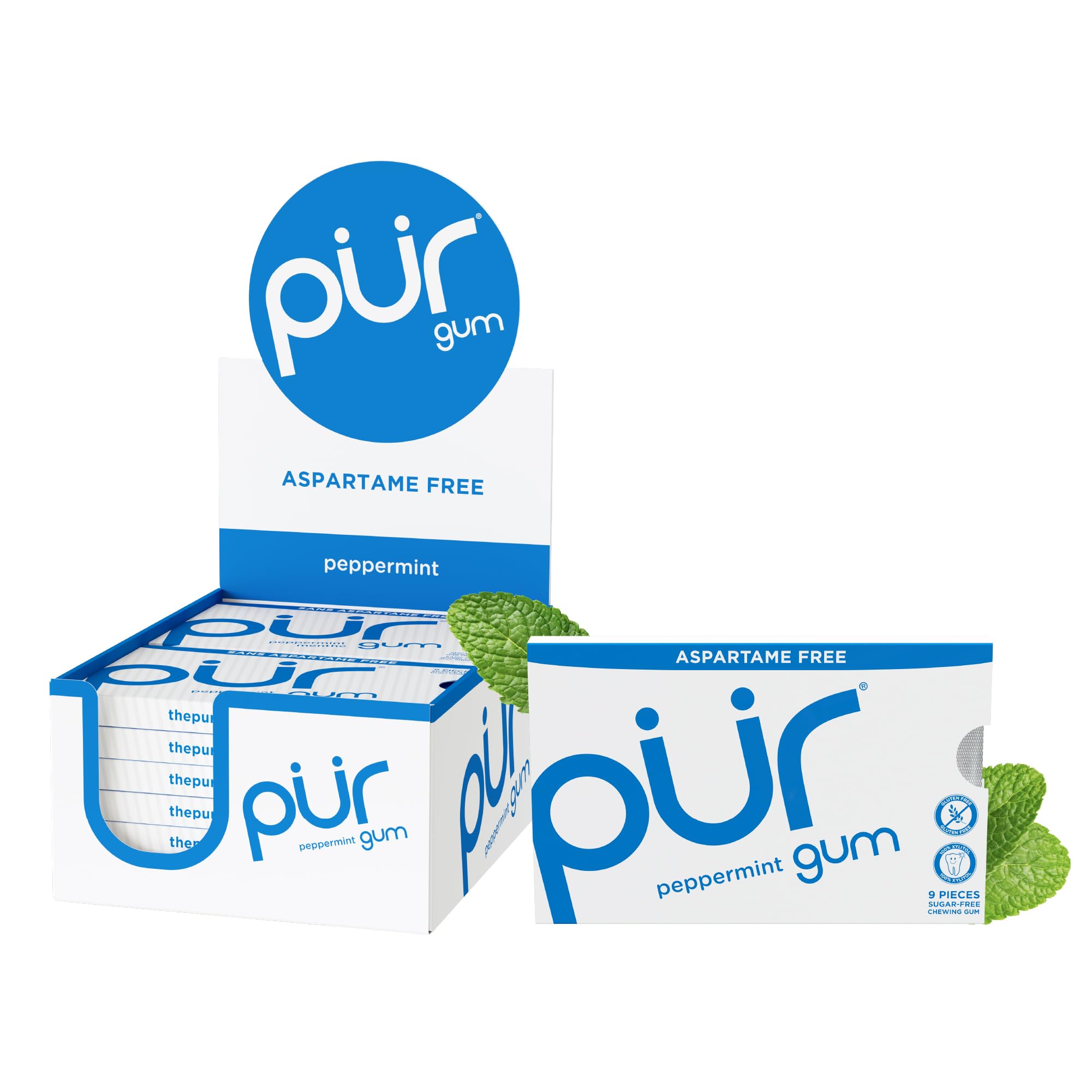 PUR Gum front packaging showing peppermint box and brand, convenient freshness
